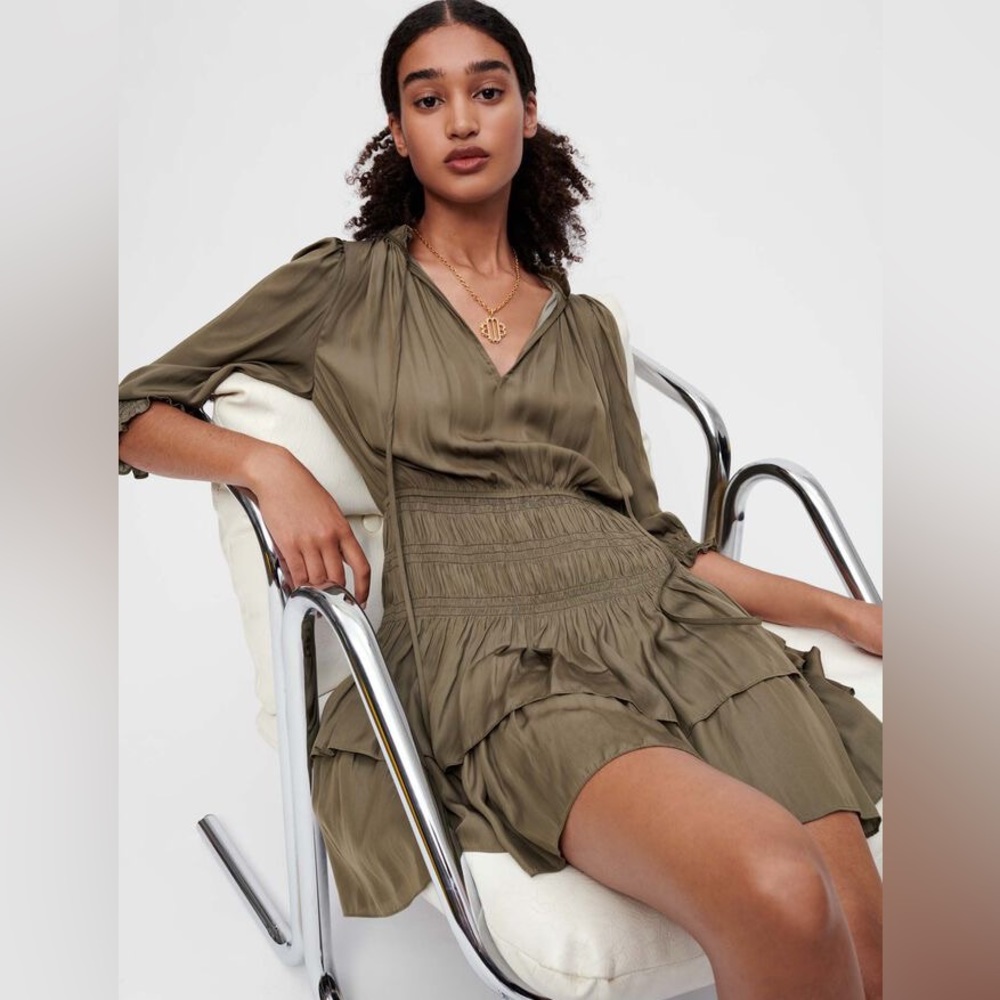 Maje Satin Olive Ruffle Smocking Dress